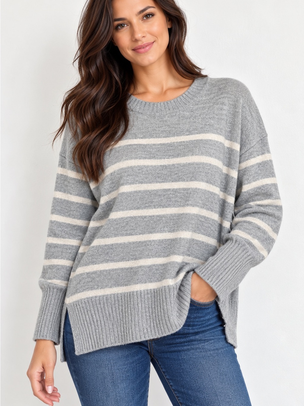 LOFT Gray Cream Striped Oversized Sweater Size L Cotton Blend Side Slit